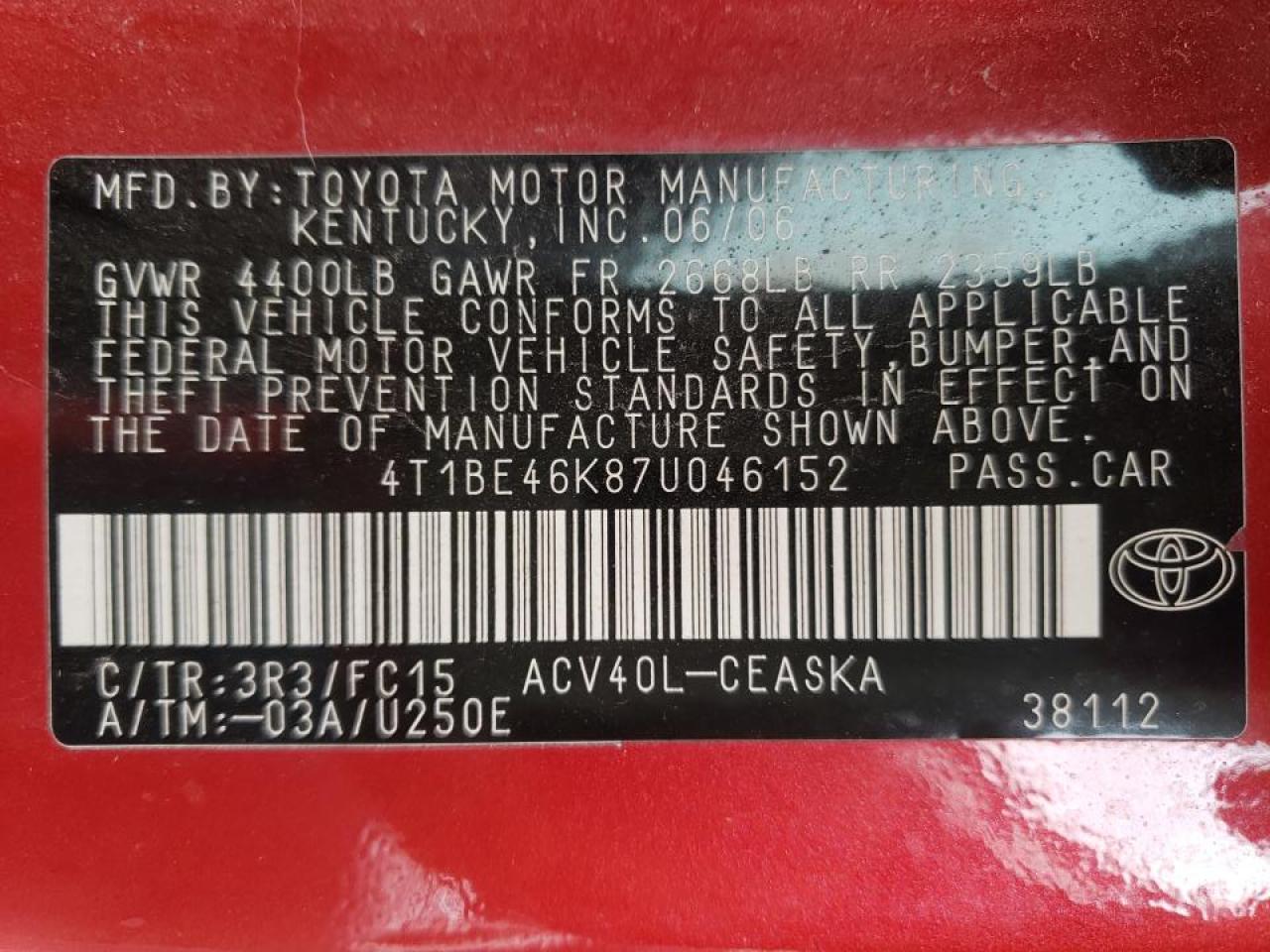 Photo 10 from auction – 2007 TOYOTA CAMRY CE with VIN 4T1BE46K87U046152