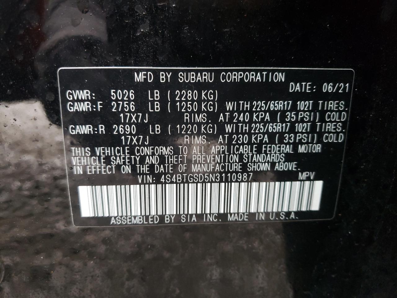 Photo 10 from auction – 2022 SUBARU OUTBACK WI with VIN 4S4BTGSD5N3110987