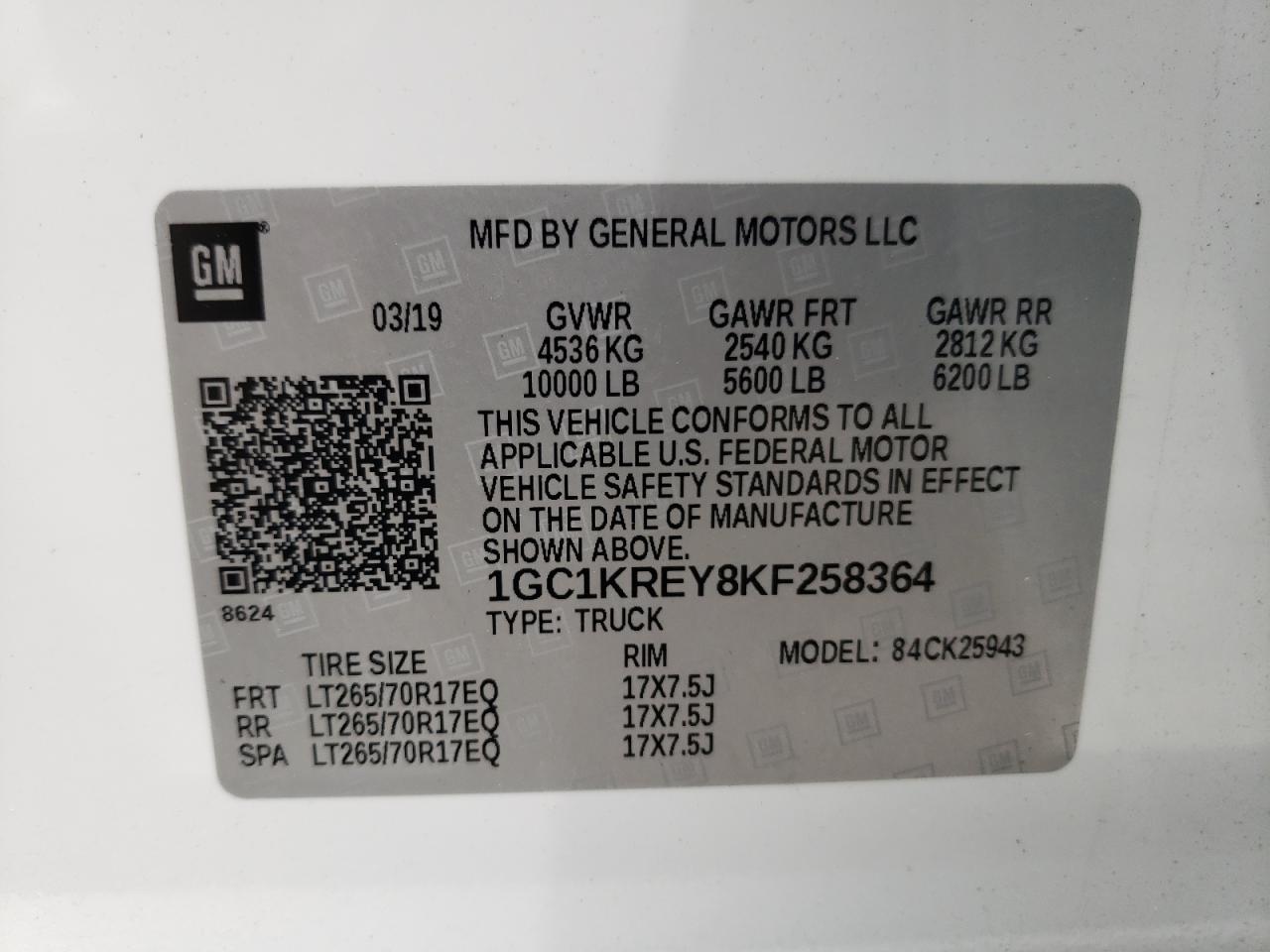 Photo 10 from auction – 2019 CHEVROLET SILVERADO with VIN 1GC1KREY8KF258364