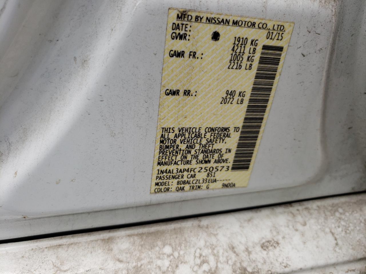 Photo 10 from auction – 2015 NISSAN ALTIMA 2.5 with VIN 1N4AL3AP4FC250573