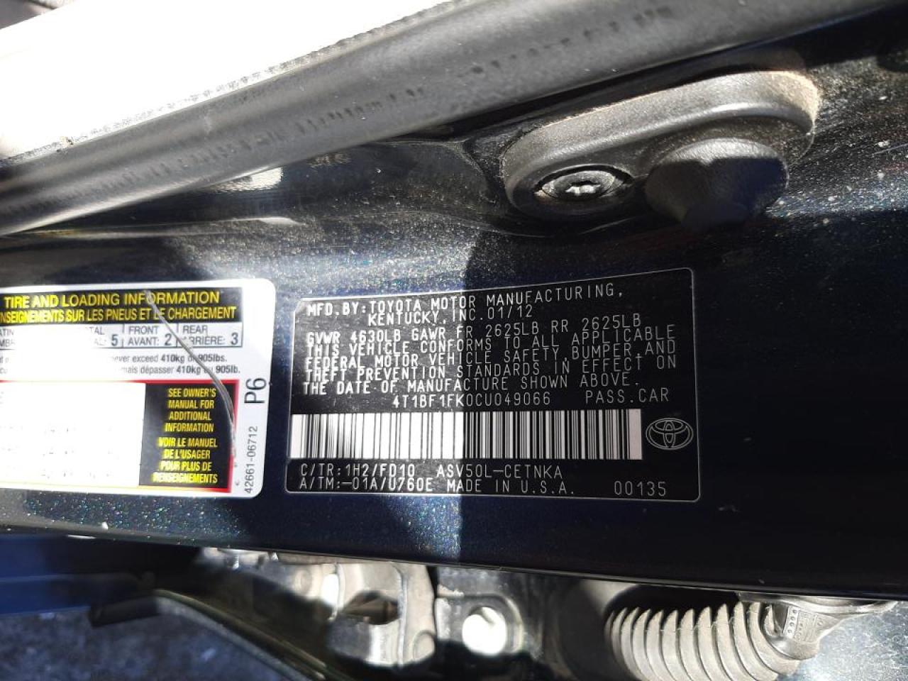 Photo 10 from auction – 2012 TOYOTA CAMRY BASE with VIN 4T1BF1FK0CU049066