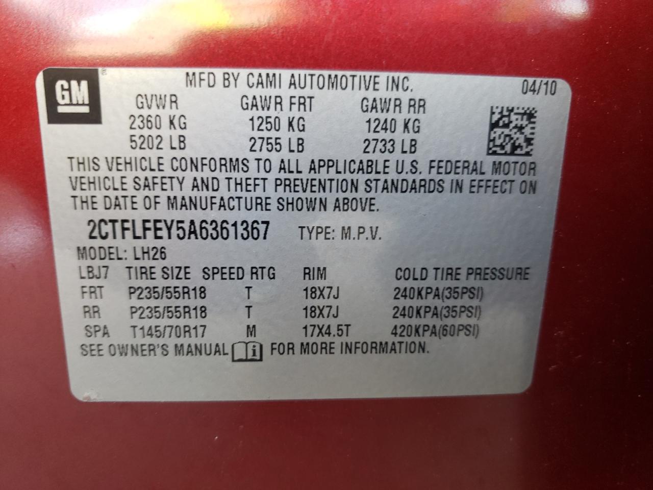 Photo 10 from auction – 2010 GMC TERRAIN SL with VIN 2CTFLFEY5A6361367