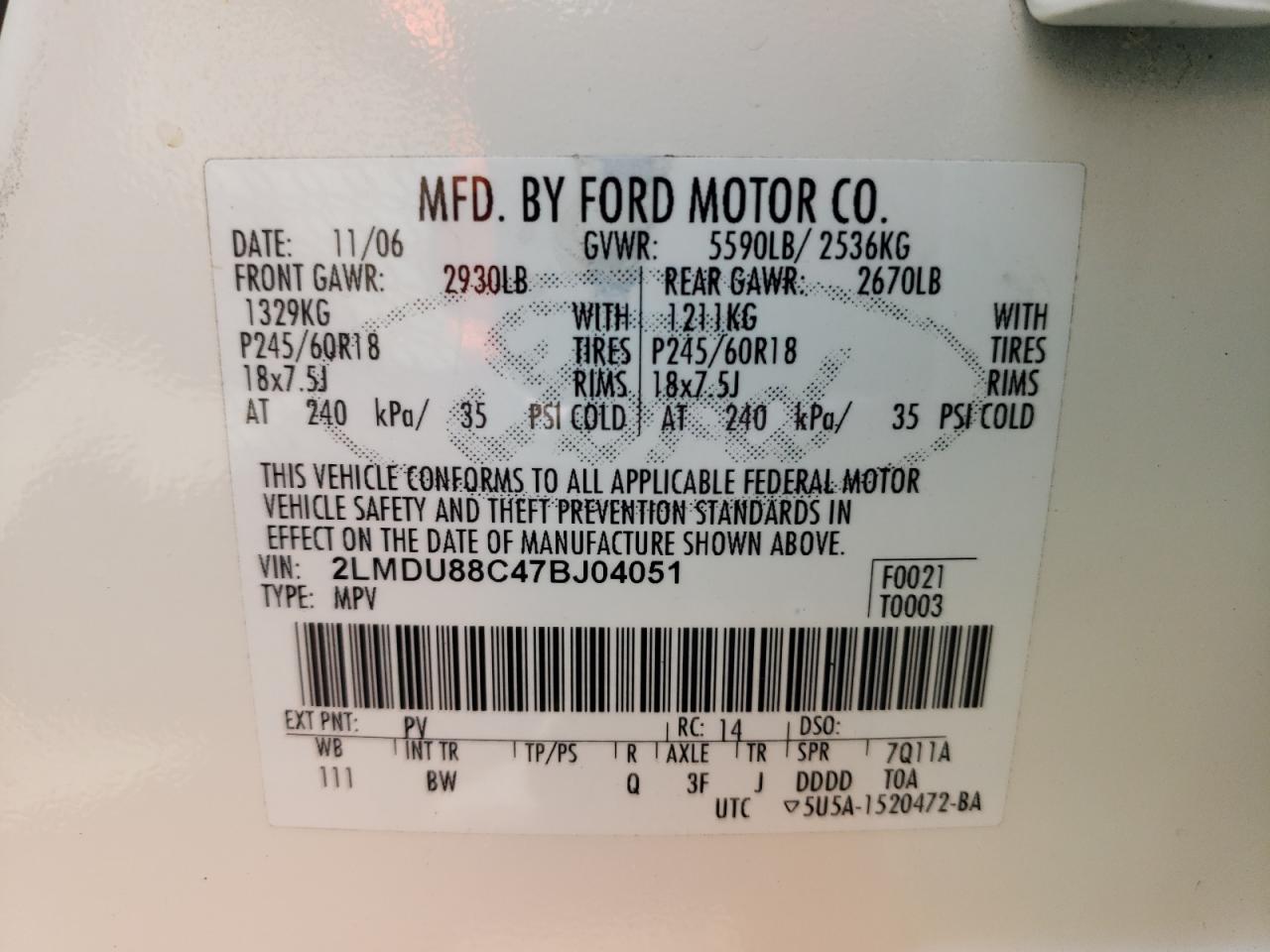 Photo 10 from auction – 2007 LINCOLN MKX with VIN 2LMDU88C47BJ04051