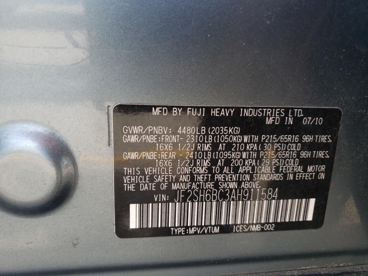 Photo 10 from auction – 2010 SUBARU FORESTER X with VIN JF2SH6BC3AH911584