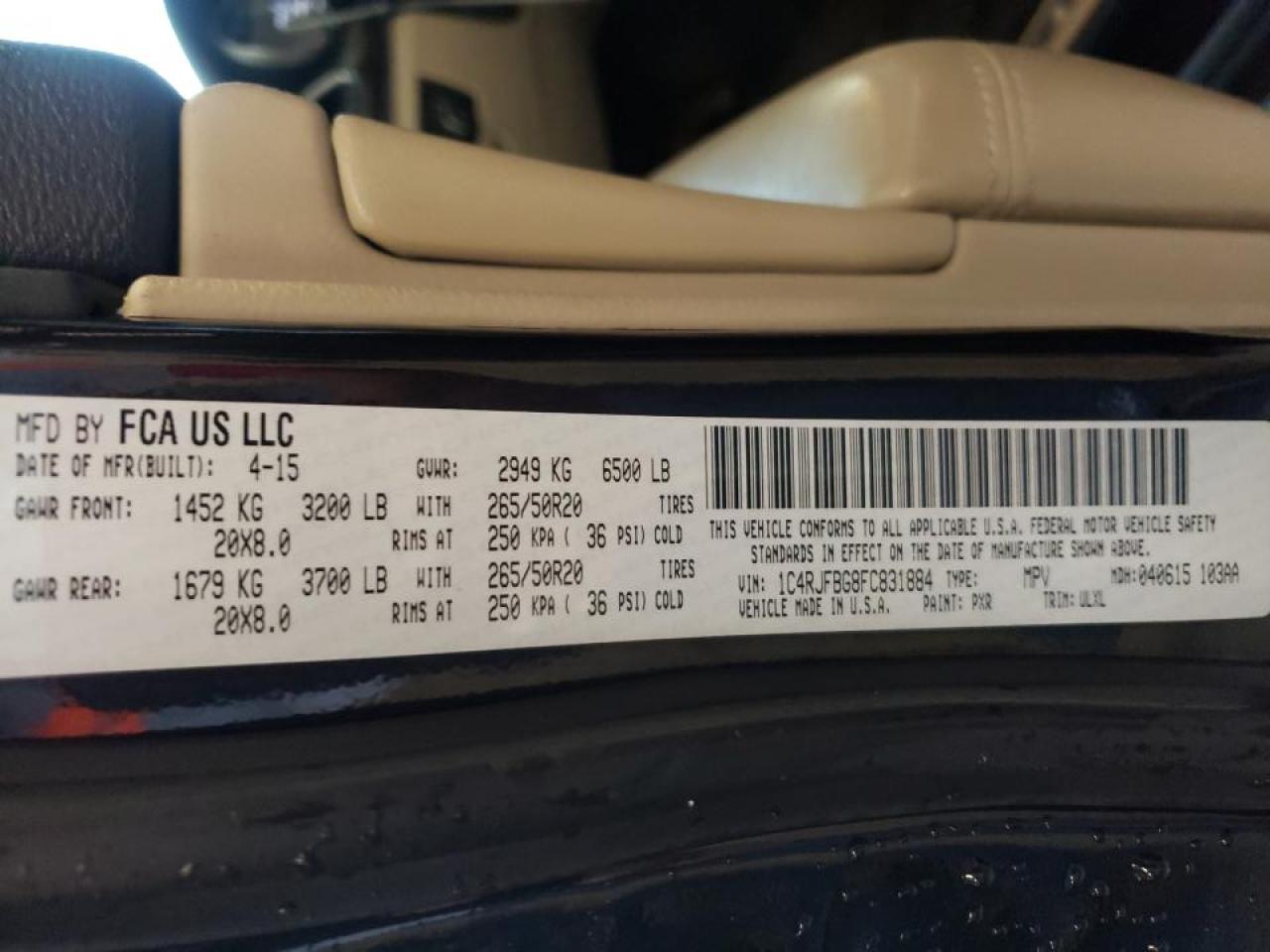 Photo 10 from auction – 2015 JEEP GRAND CHER with VIN 1C4RJFBG8FC831884