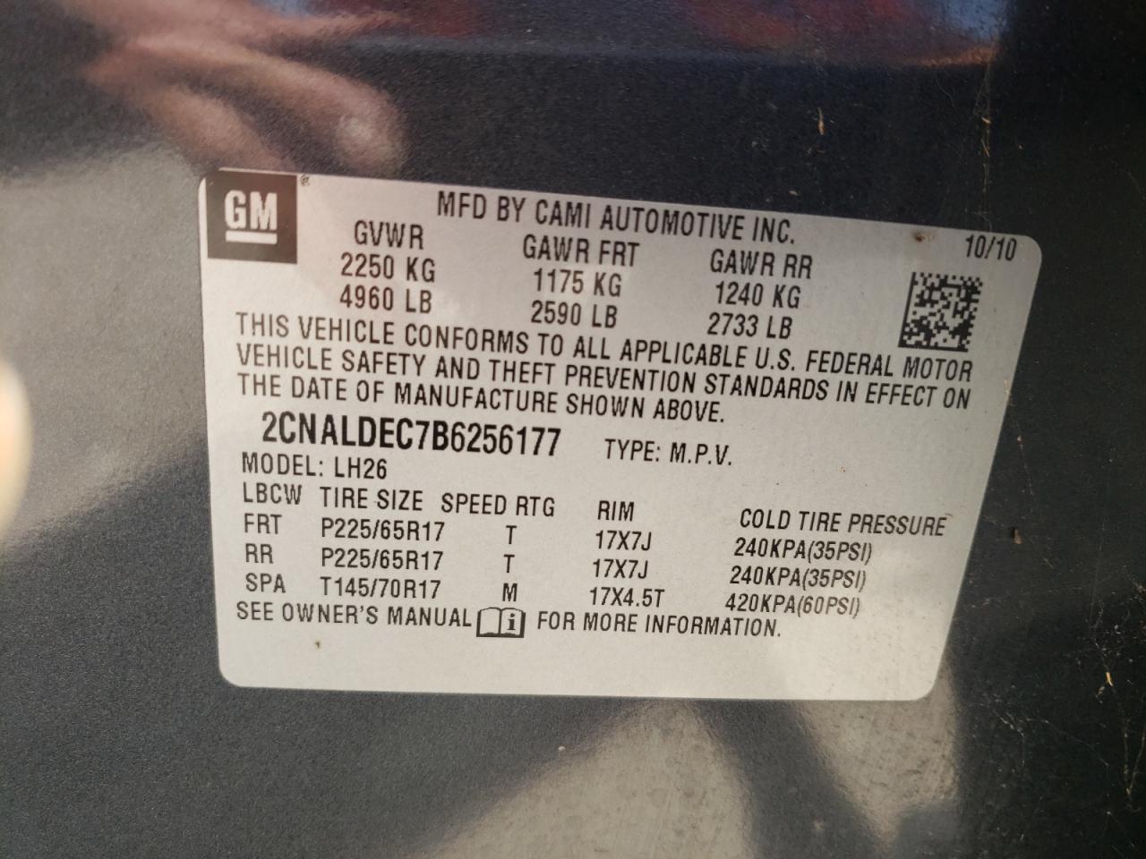 Photo 10 from auction – 2011 CHEVROLET EQUINOX LT with VIN 2CNALDEC7B6256177