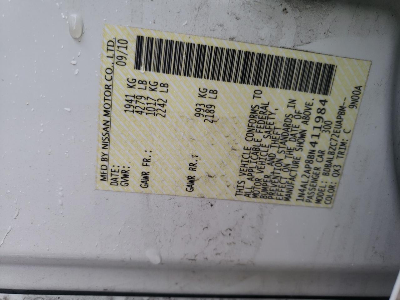 Photo 10 from auction – 2011 NISSAN ALTIMA BAS with VIN 1N4AL2AP8BN411984