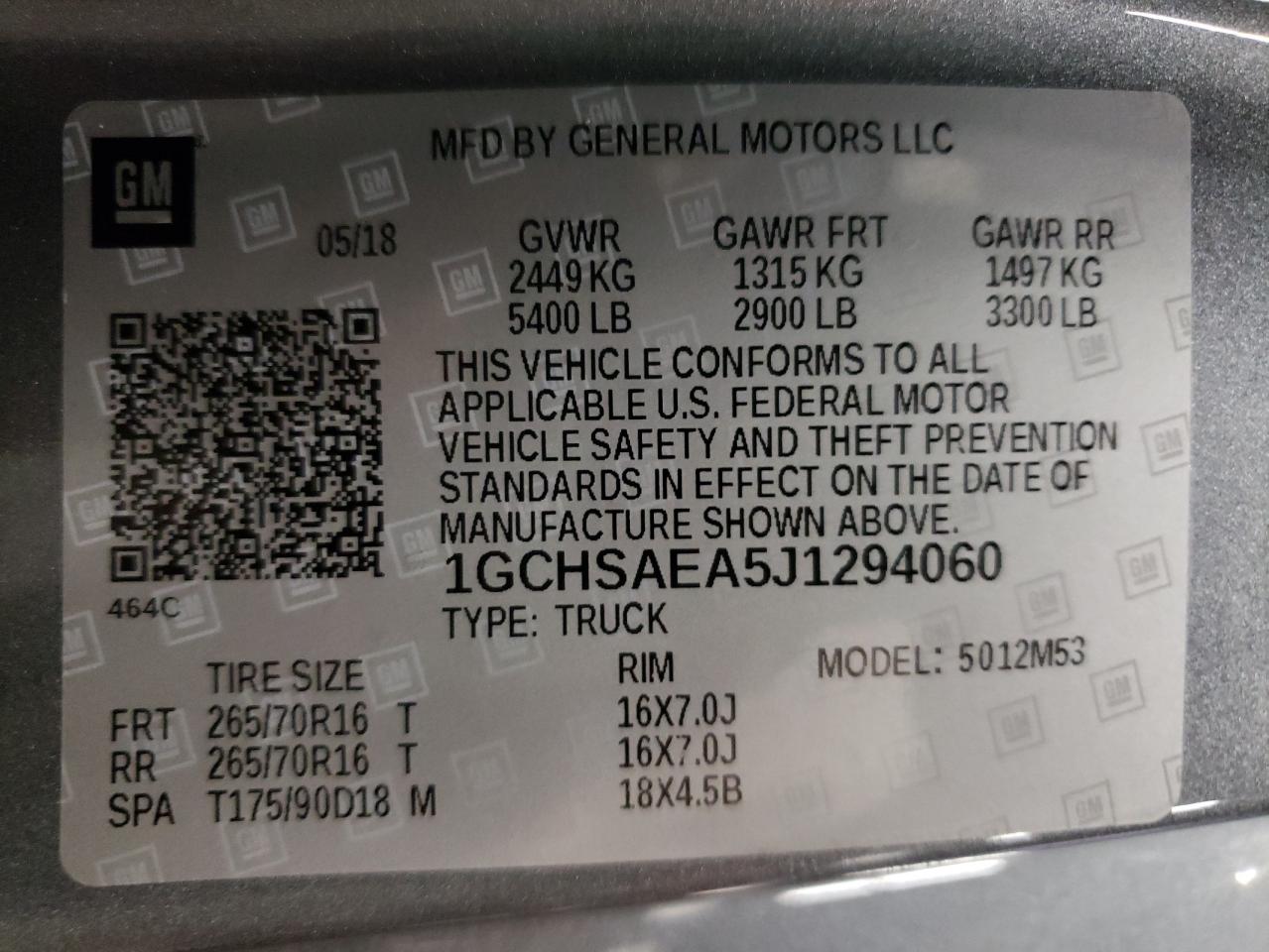 Photo 10 from auction – 2018 CHEVROLET COLORADO with VIN 1GCHSAEA5J1294060