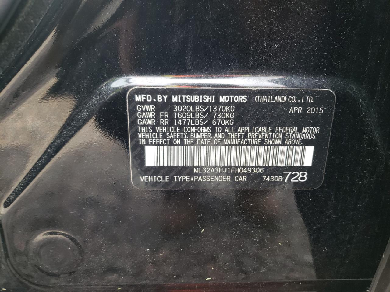 Photo 10 from auction – 2015 MITSUBISHI MIRAGE DE with VIN ML32A3HJ1FH049306