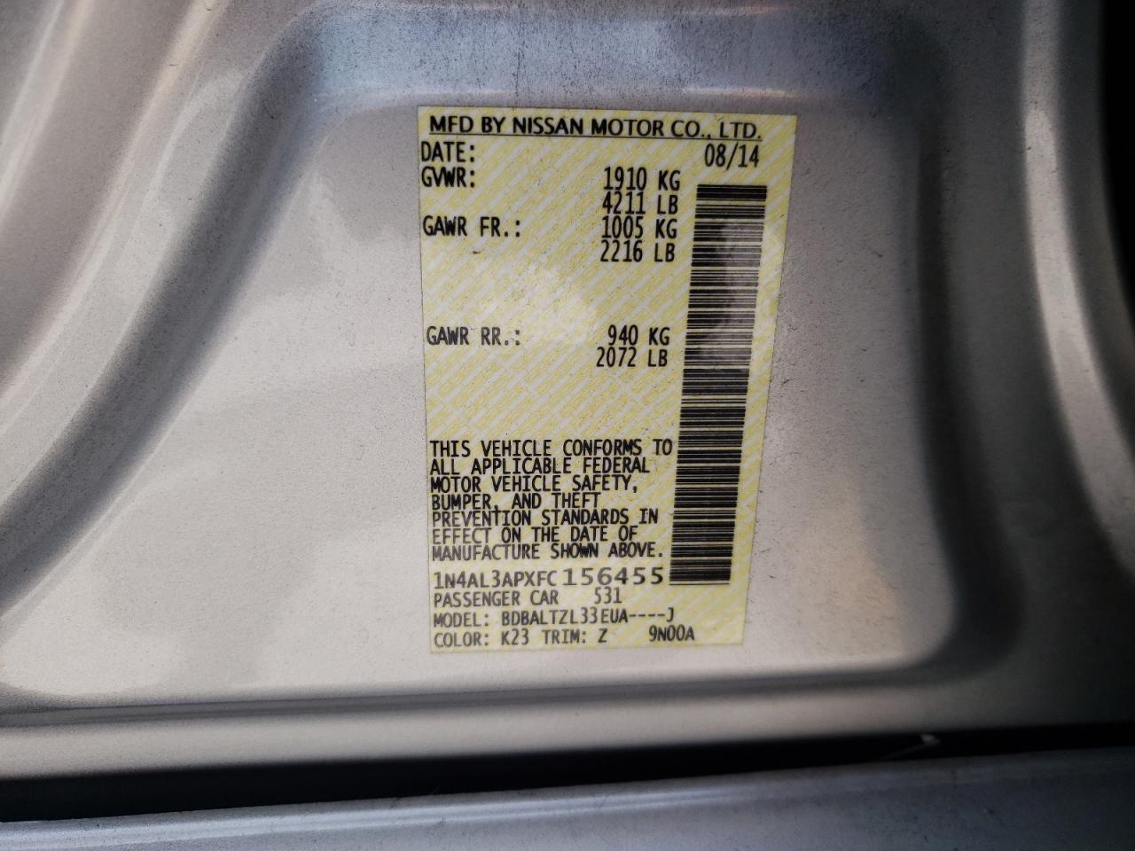 Photo 10 from auction – 2015 NISSAN ALTIMA 2.5 with VIN 1N4AL3APXFC156455