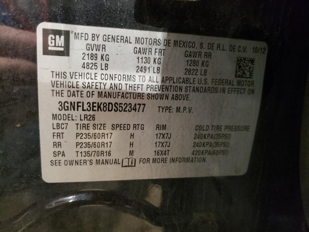 Photo 10 from auction – 2013 CHEVROLET CAPTIVA LT with VIN 3GNFL3EK8DS523477