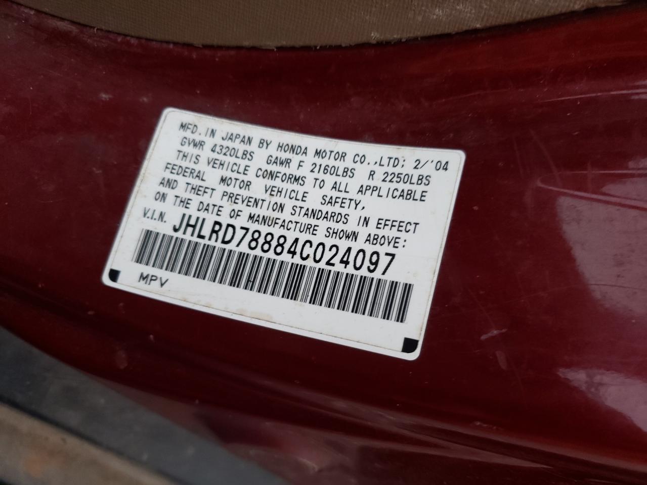 Photo 10 from auction – 2004 HONDA CR-V EX with VIN JHLRD78884C024097