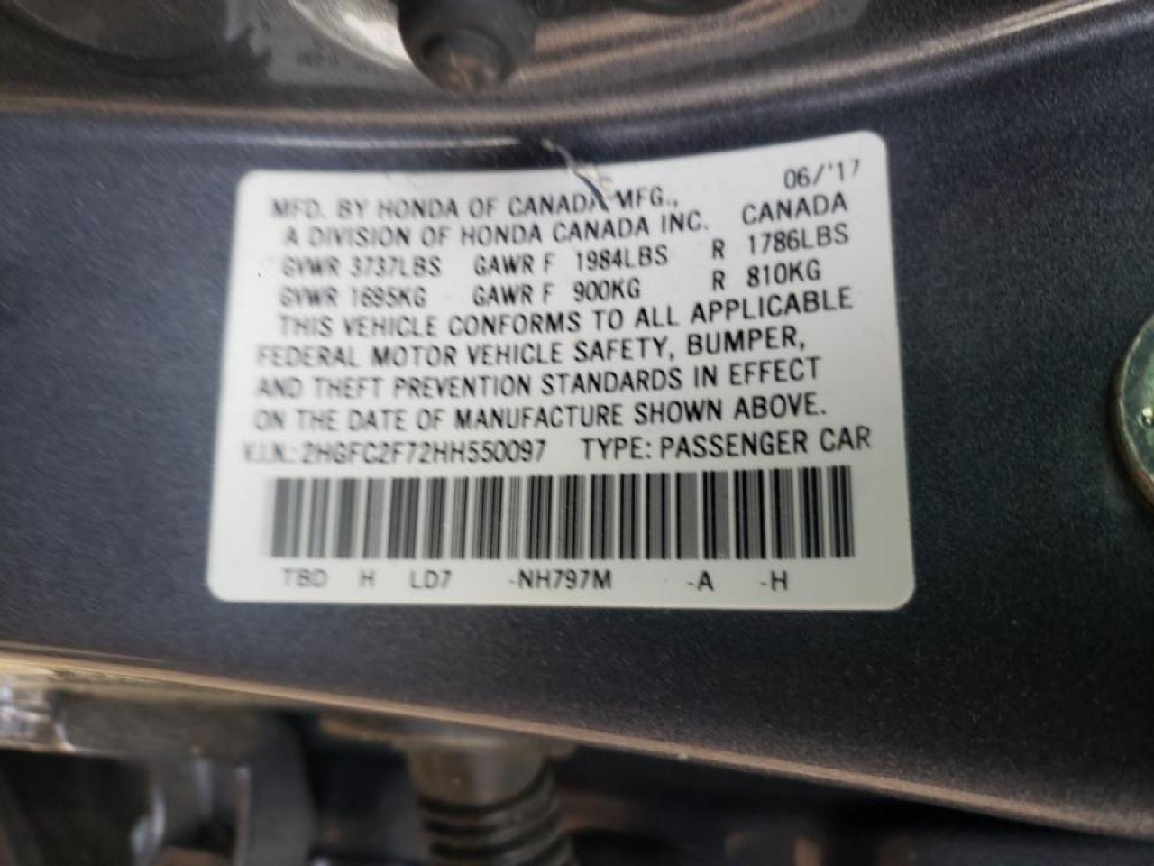 Photo 10 from auction – 2017 HONDA CIVIC EX with VIN 2HGFC2F72HH550097