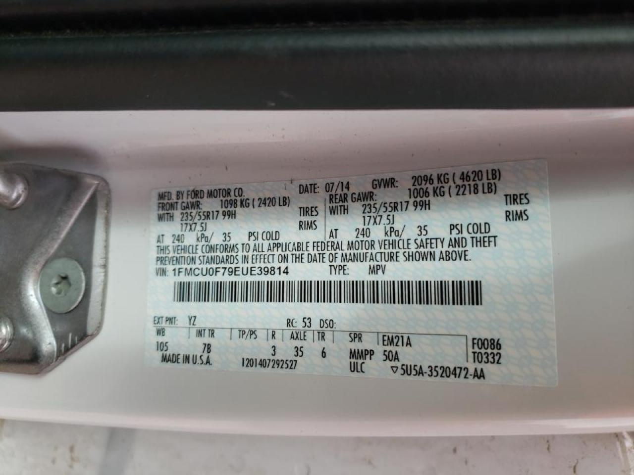 Photo 10 from auction – 2014 FORD ESCAPE S with VIN 1FMCU0F79EUE39814
