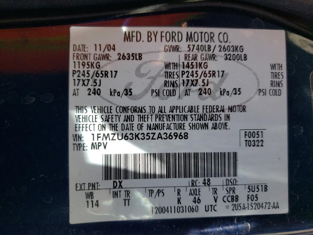 Photo 10 from auction – 2005 FORD EXPLORER X with VIN 1FMZU63K35ZA36968