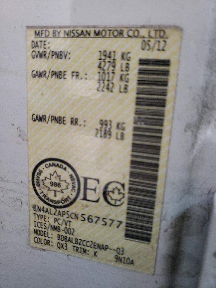Photo 10 from auction – 2012 NISSAN ALTIMA BAS with VIN 1N4AL2AP5CN567577