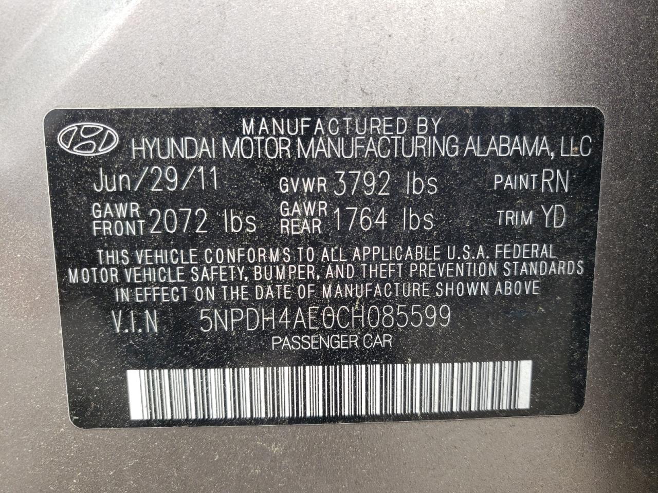 Photo 10 from auction – 2012 HYUNDAI ELANTRA GL with VIN 5NPDH4AE0CH085599