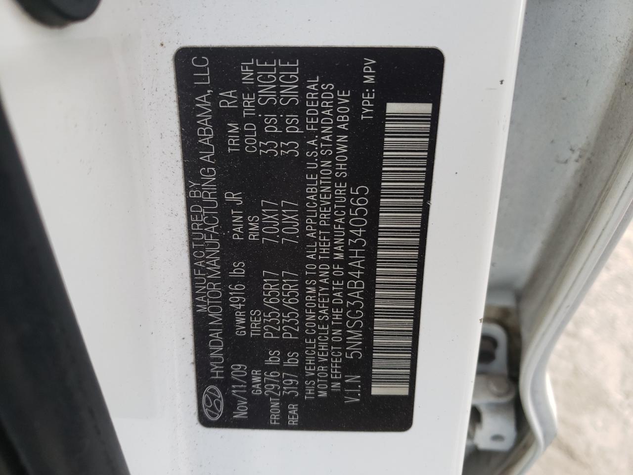 Photo 10 from auction – 2010 HYUNDAI SANTA FE G with VIN 5NMSG3AB4AH340565
