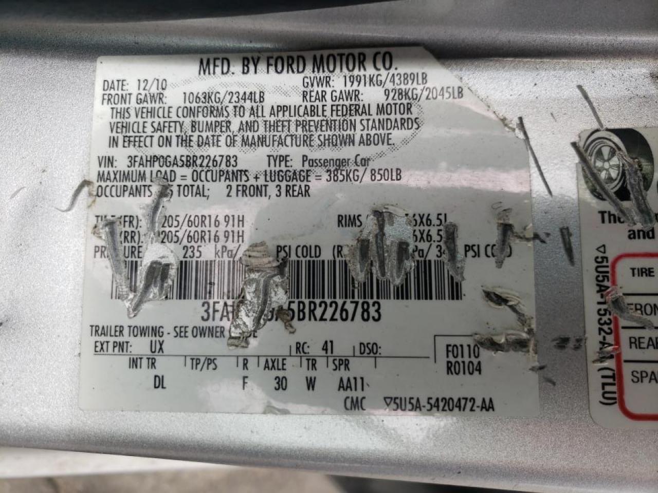 Photo 10 from auction – 2011 FORD FUSION with VIN 3FAHP0GA5BR226783