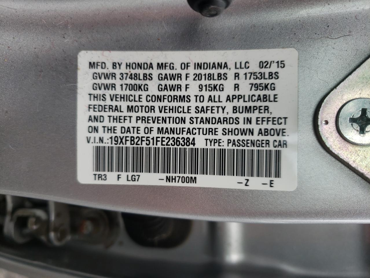 Photo 10 from auction – 2015 HONDA CIVIC LX with VIN 19XFB2F51FE236384