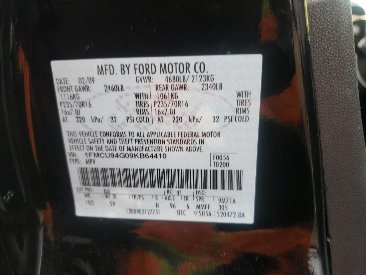 Photo 10 from auction – 2009 FORD ESCAPE LIM with VIN 1FMCU94G09KB64410