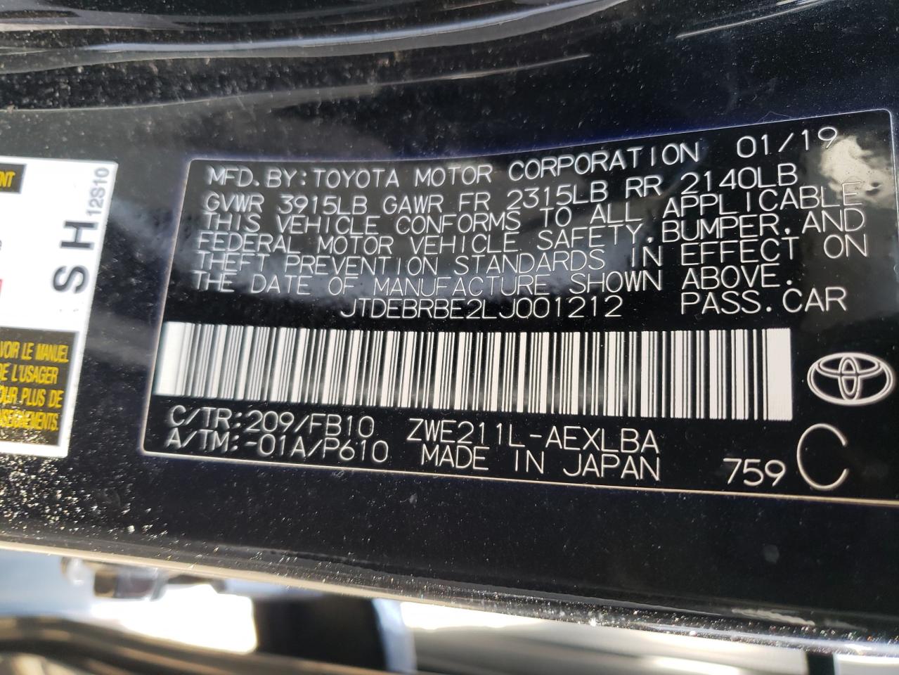 Photo 10 from auction – 2020 TOYOTA COROLLA LE with VIN JTDEBRBE2LJ001212