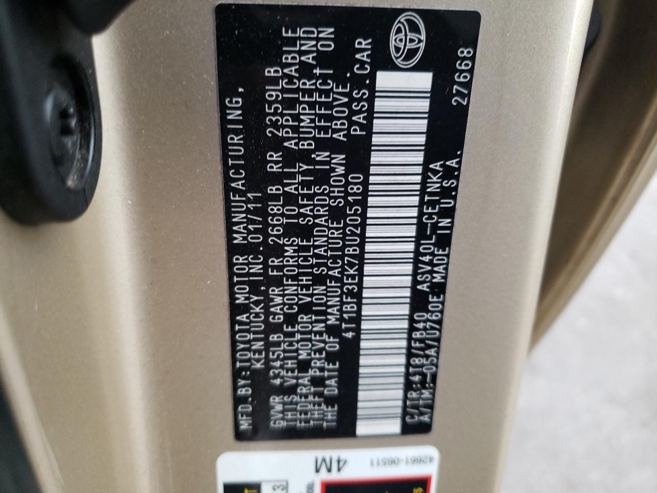 Photo 10 from auction – 2011 TOYOTA CAMRY BASE with VIN 4T1BF3EK7BU205180