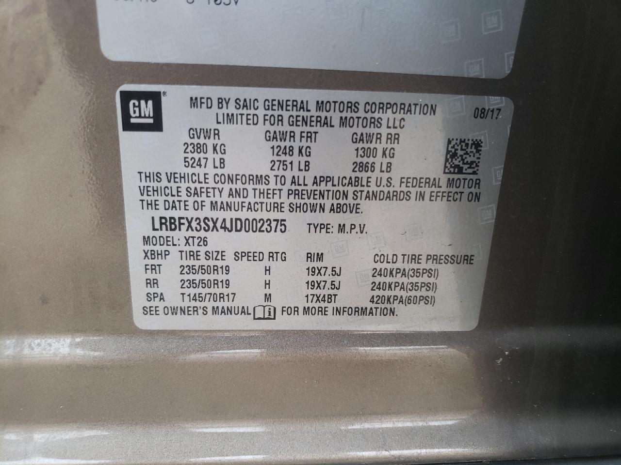 Photo 10 from auction – 2018 BUICK ENVISION P with VIN LRBFX3SX4JD002375