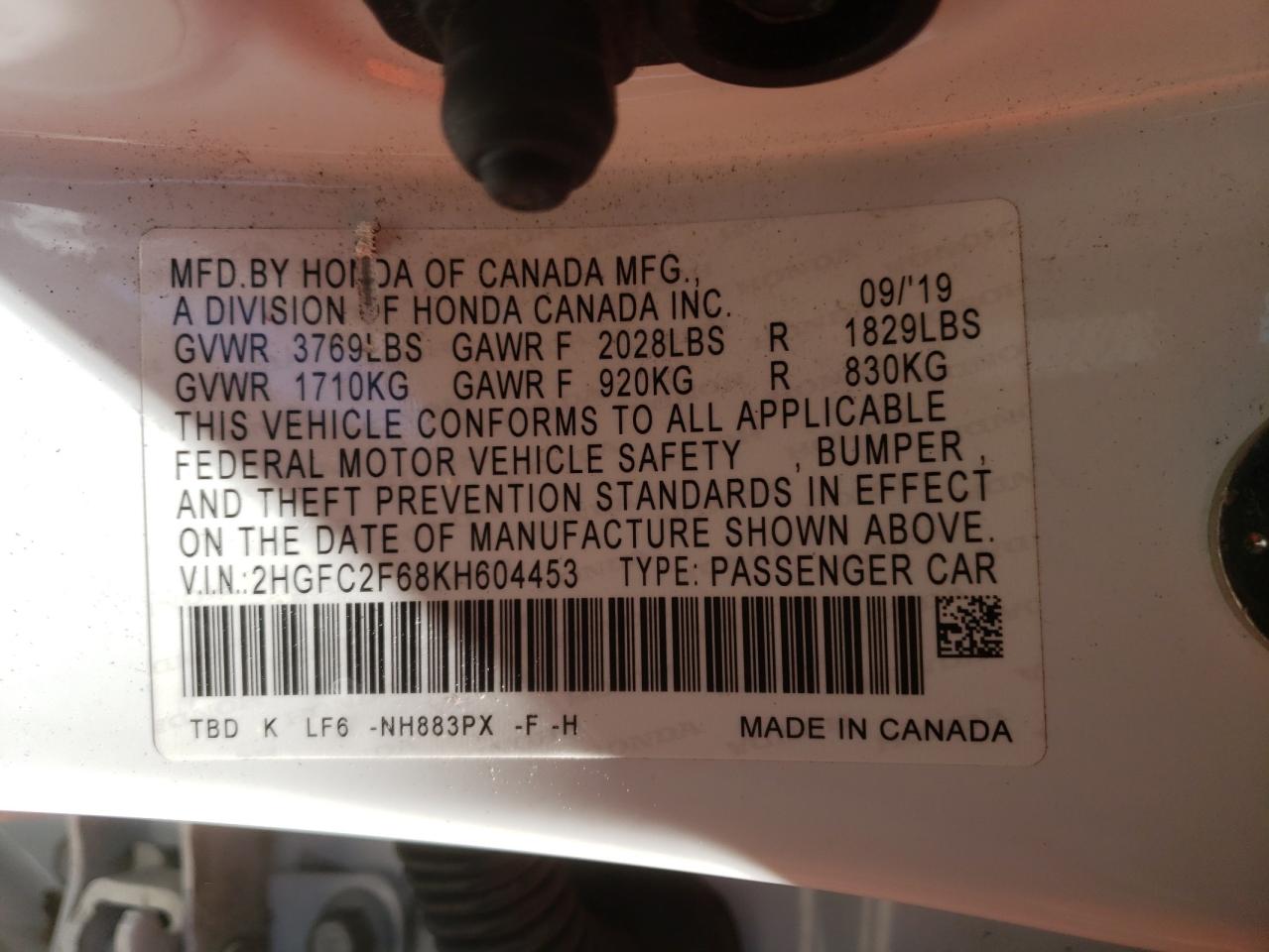 Photo 10 from auction – 2019 HONDA CIVIC LX with VIN 2HGFC2F68KH604453