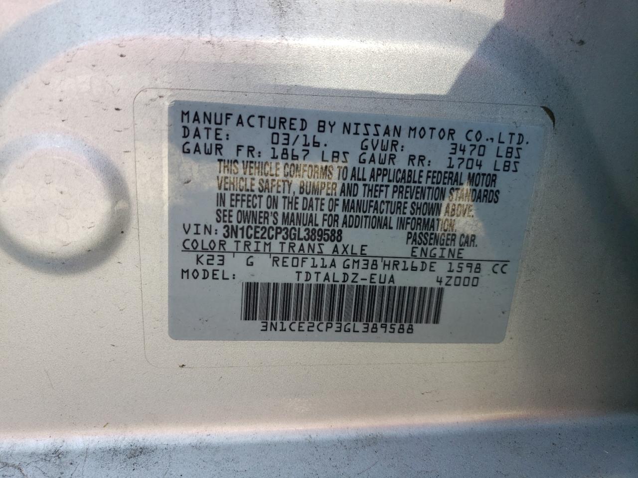 Photo 10 from auction – 2016 NISSAN VERSA NOTE with VIN 3N1CE2CP3GL389588