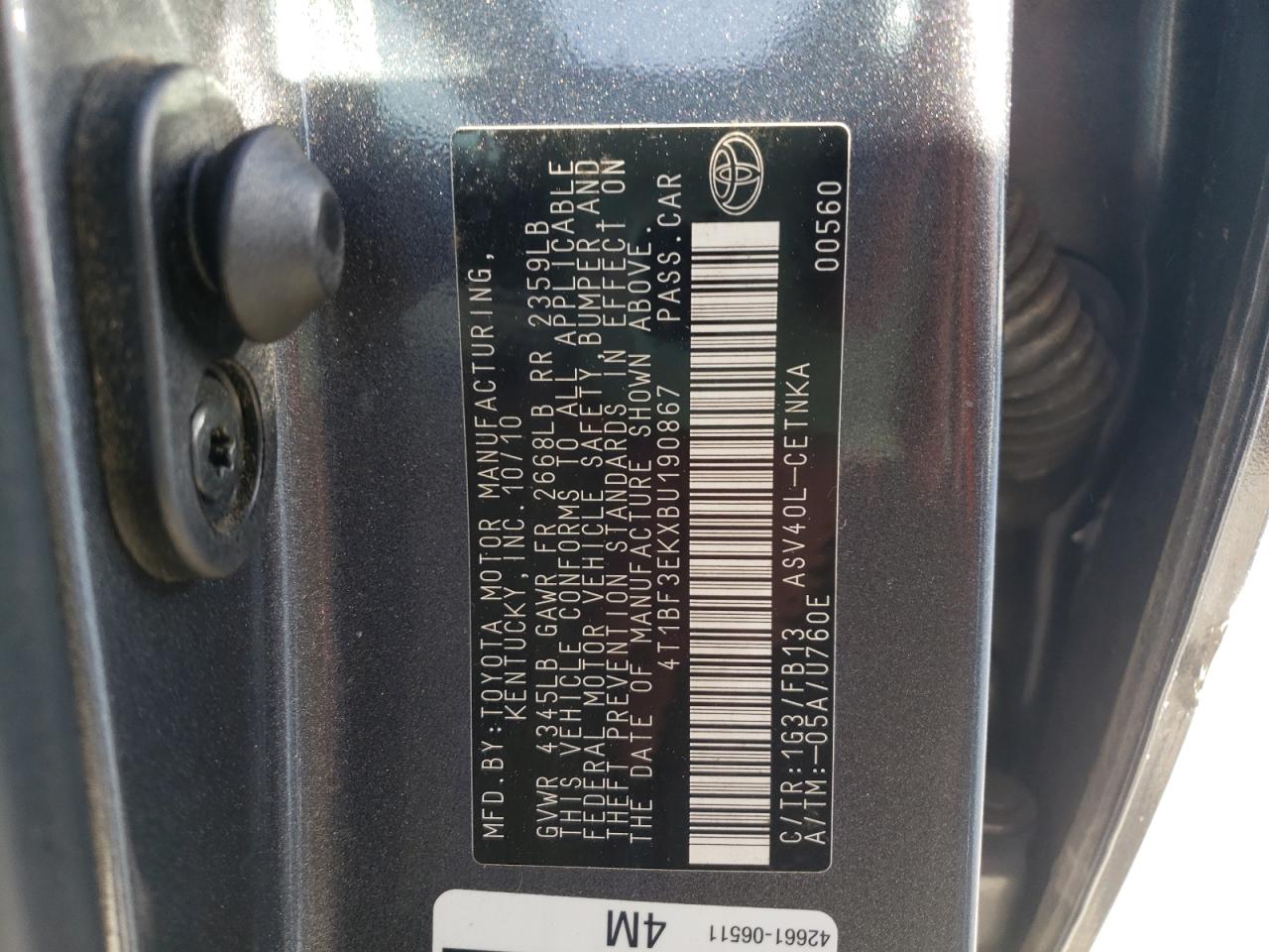 Photo 10 from auction – 2011 TOYOTA CAMRY BASE with VIN 4T1BF3EKXBU190867
