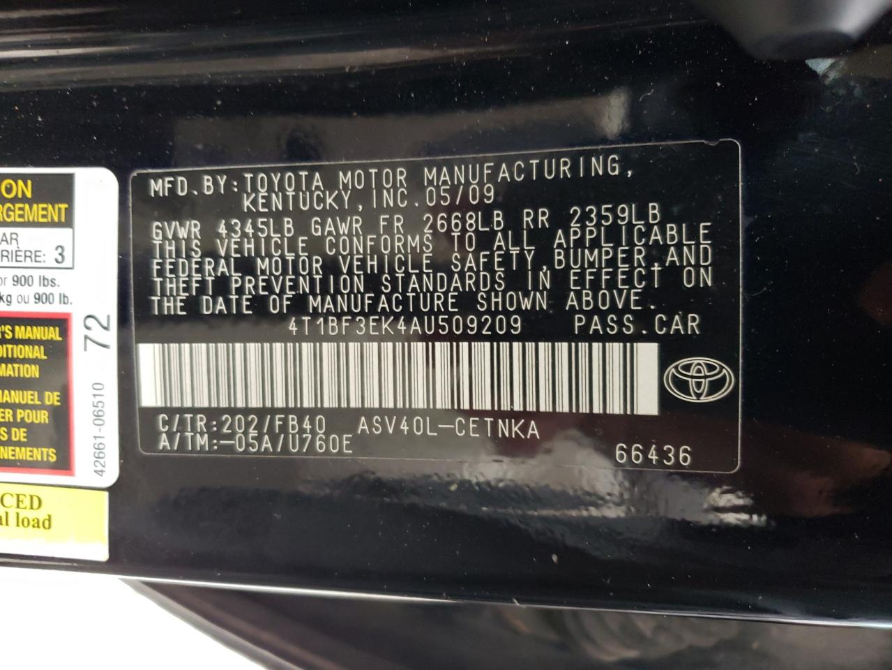 Photo 10 from auction – 2010 TOYOTA CAMRY BASE with VIN 4T1BF3EK4AU509209