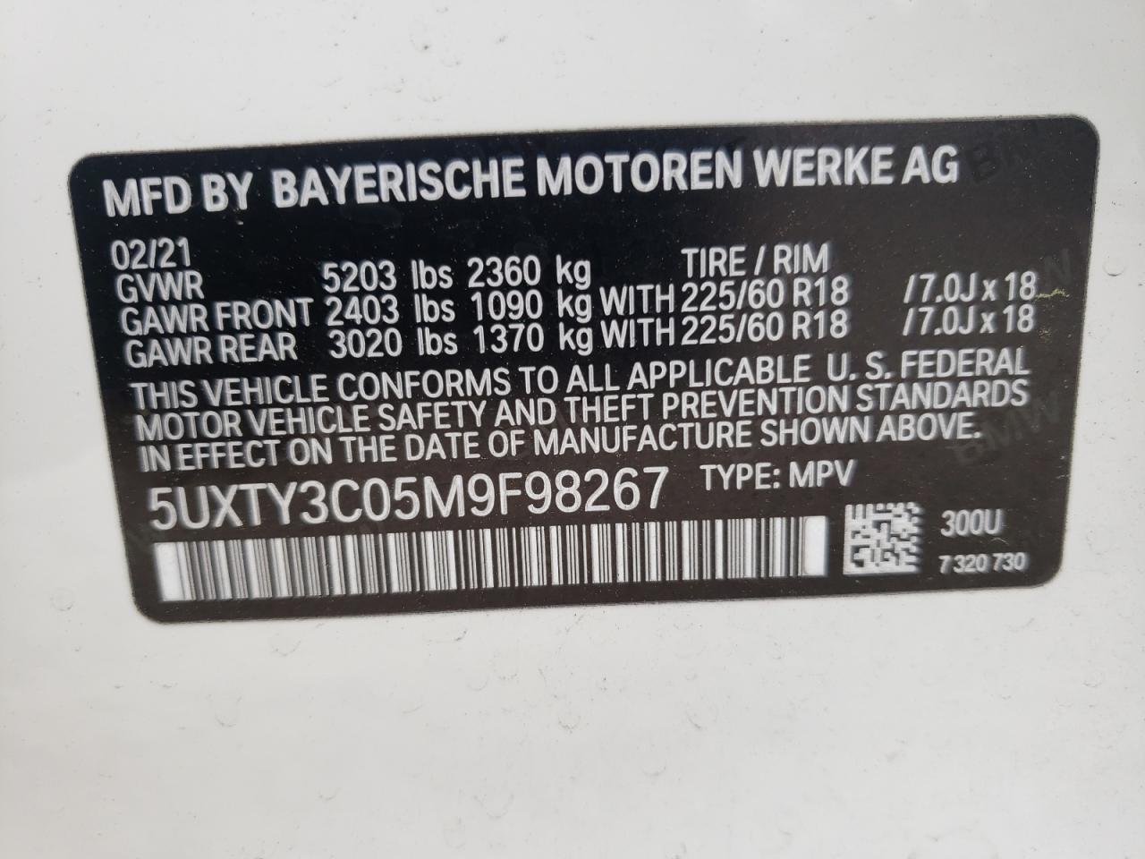 Photo 10 from auction – 2021 BMW X3 SDRIVE3 with VIN 5UXTY3C05M9F98267