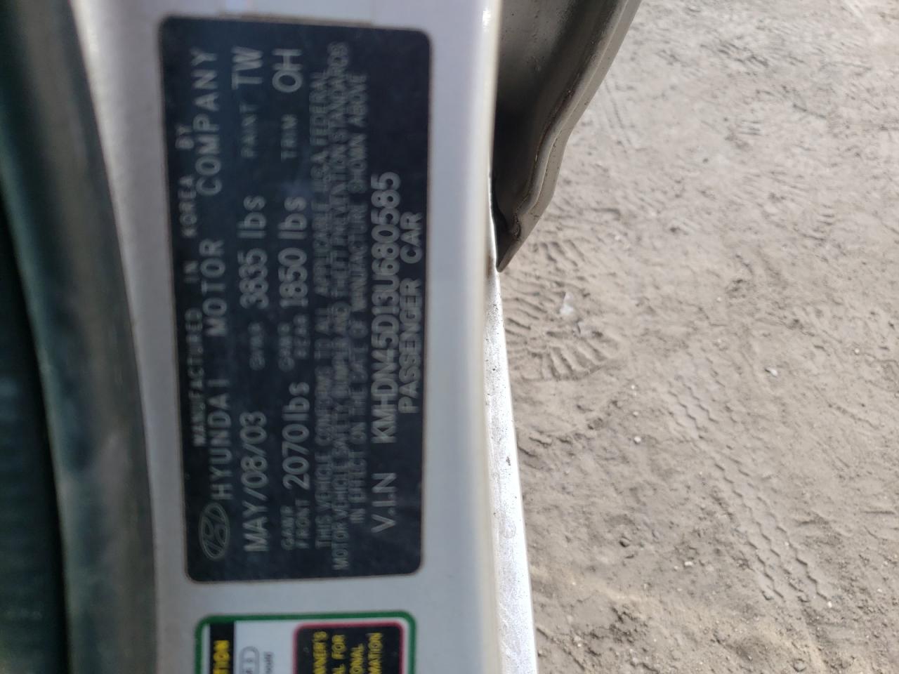 Photo 10 from auction – 2003 HYUNDAI ELANTRA with VIN KMHDN45D13U680585
