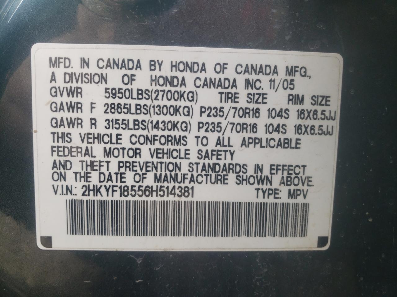 Photo 10 from auction – 2006 HONDA PILOT EX with VIN 2HKYF18556H514381