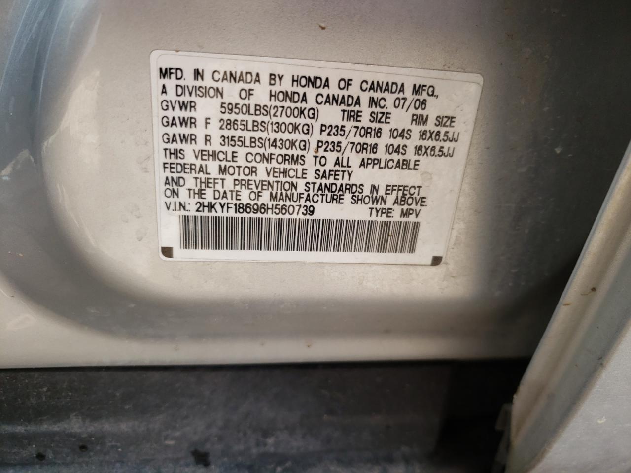Photo 10 from auction – 2006 HONDA PILOT EX with VIN 2HKYF18696H560739