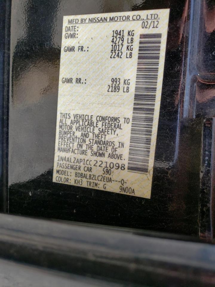 Photo 10 from auction – 2012 NISSAN ALTIMA BAS with VIN 1N4AL2AP1CC221098