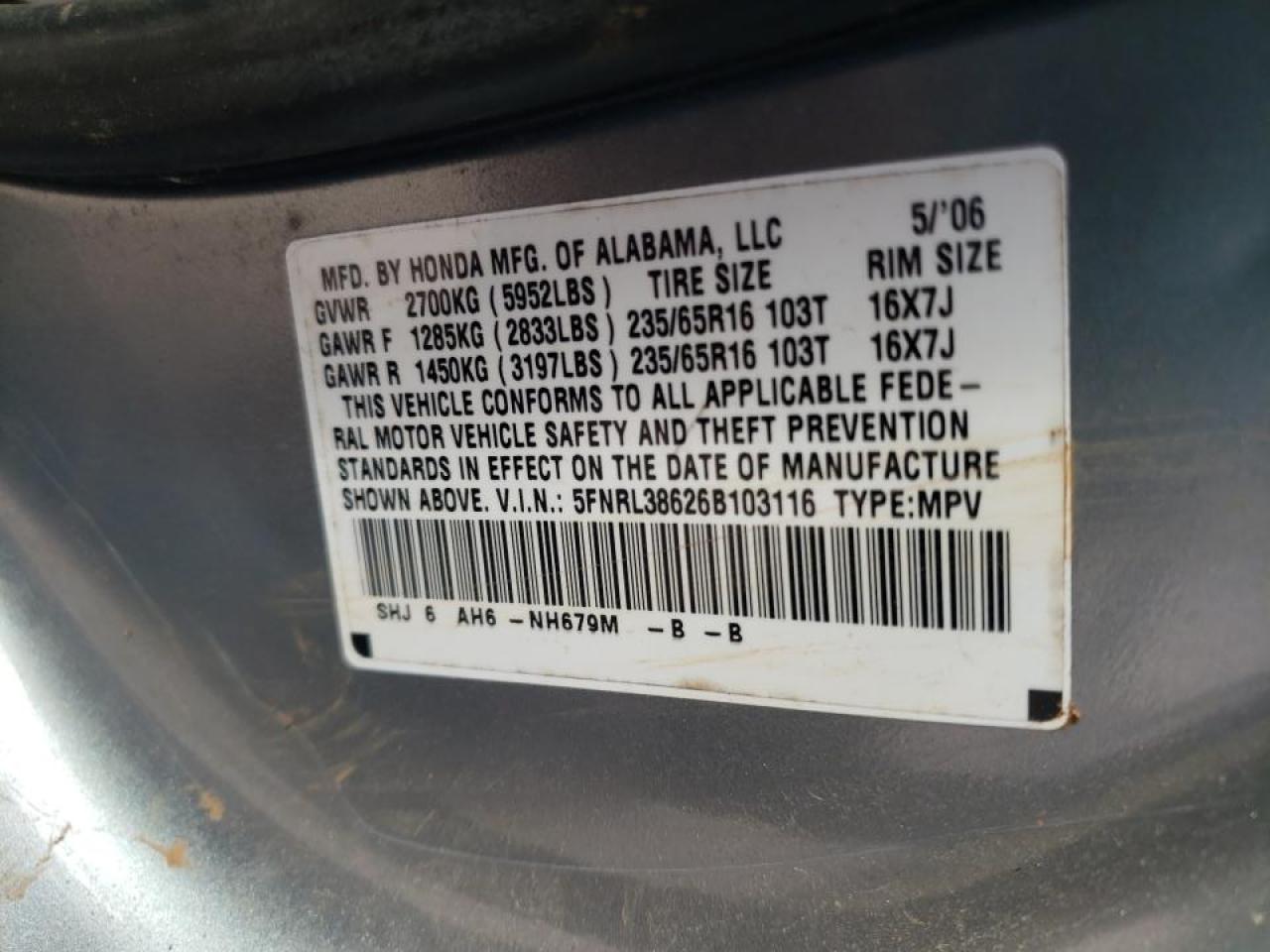 Photo 10 from auction – 2006 HONDA ODYSSEY EX with VIN 5FNRL38626B103116