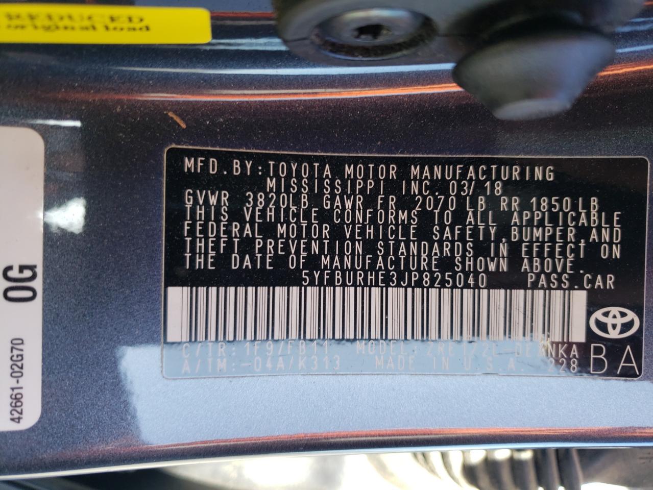 Photo 10 from auction – 2018 TOYOTA COROLLA 2W with VIN 5YFBURHE3JP825040