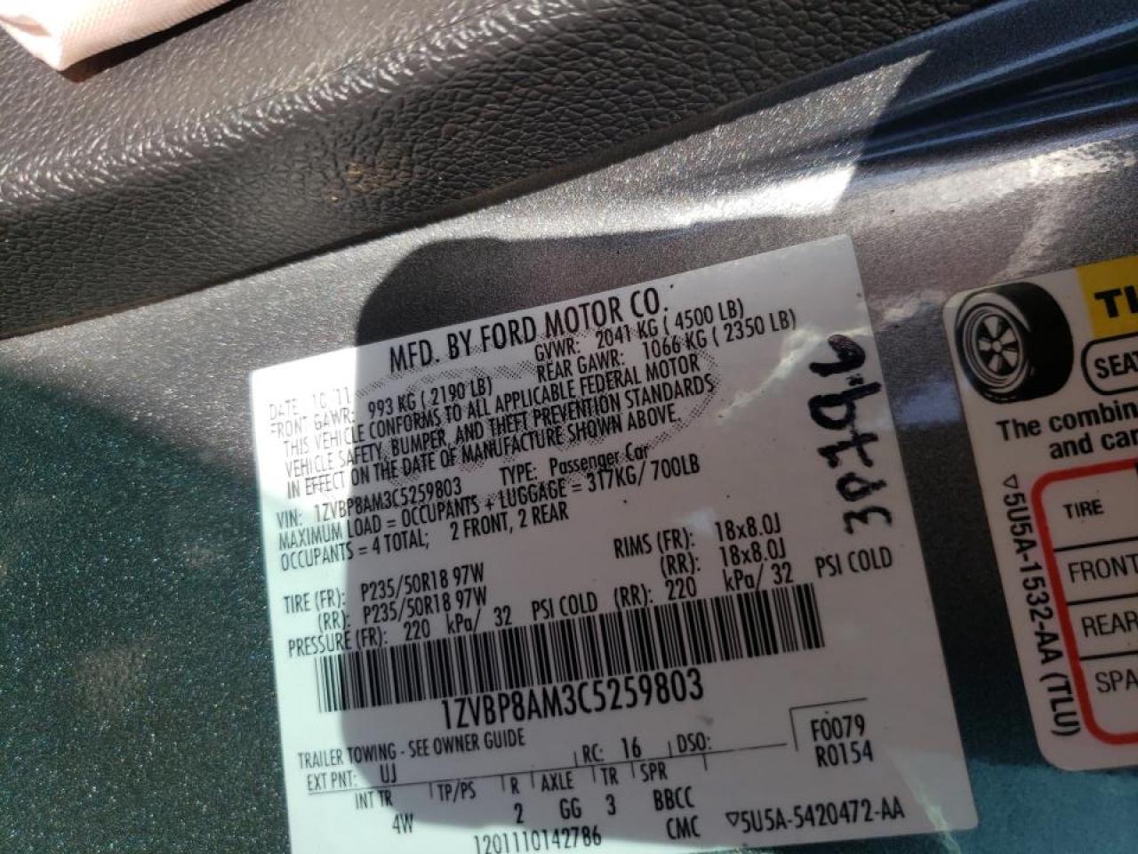 Photo 10 from auction – 2012 FORD MUSTANG with VIN 1ZVBP8AM3C5259803