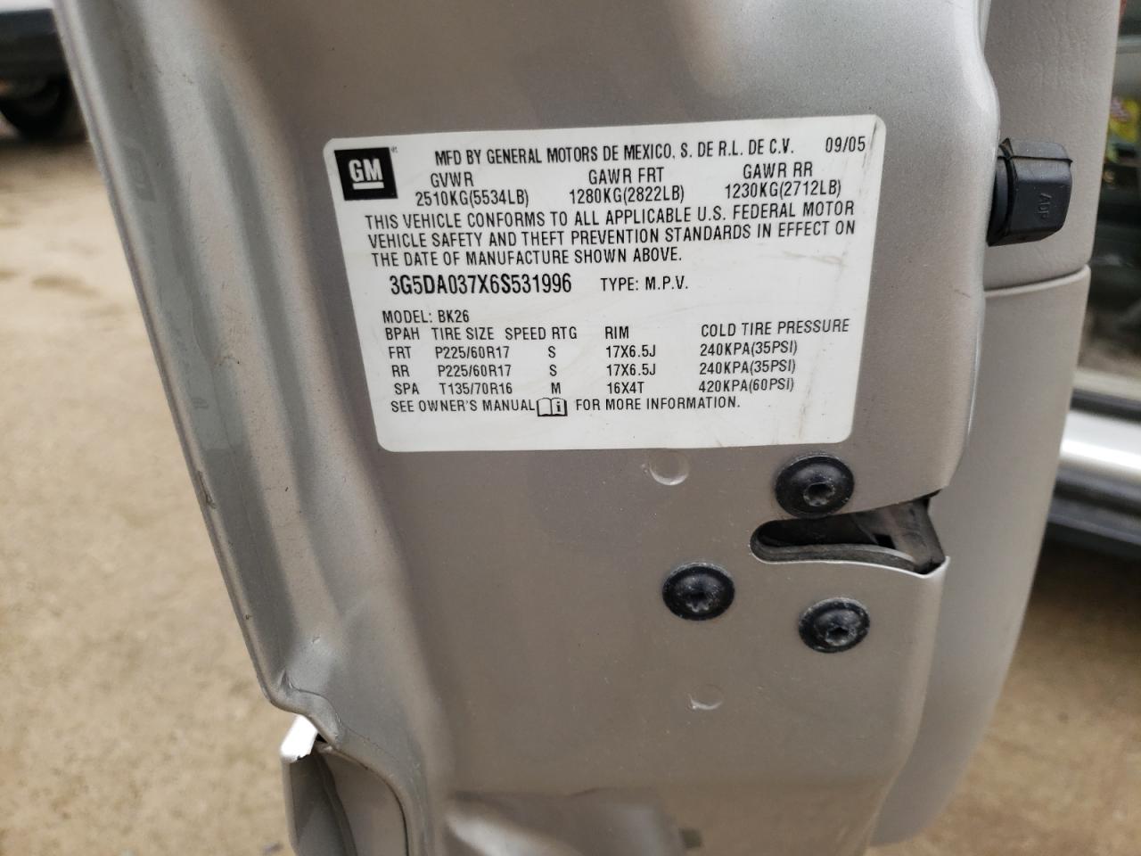 Photo 10 from auction – 2006 BUICK RENDEZVOUS with VIN 3G5DA037X6S531996