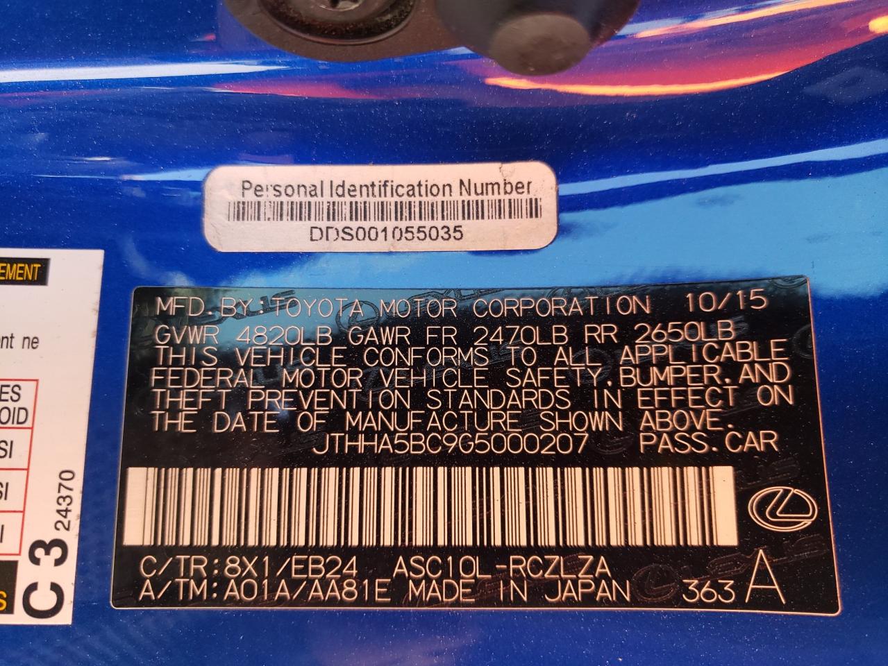 Photo 10 from auction – 2016 LEXUS RC 200T with VIN JTHHA5BC9G5000207