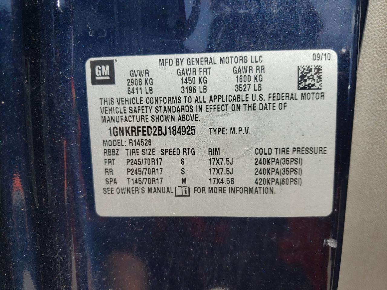 Photo 10 from auction – 2011 CHEVROLET TRAVERSE L with VIN 1GNKRFED2BJ184925