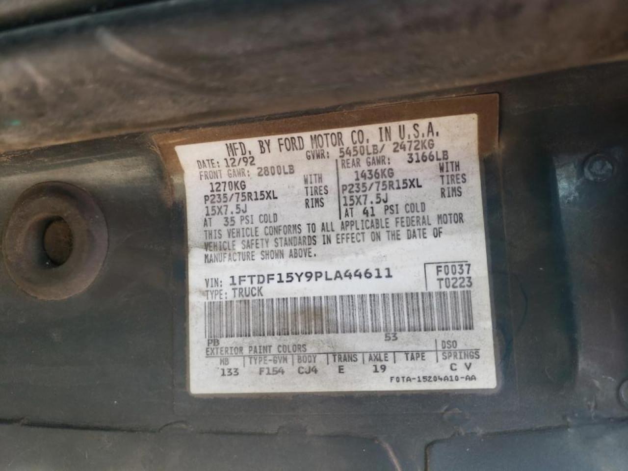 Photo 10 from auction – 1993 FORD F150 with VIN 1FTDF15Y9PLA44611