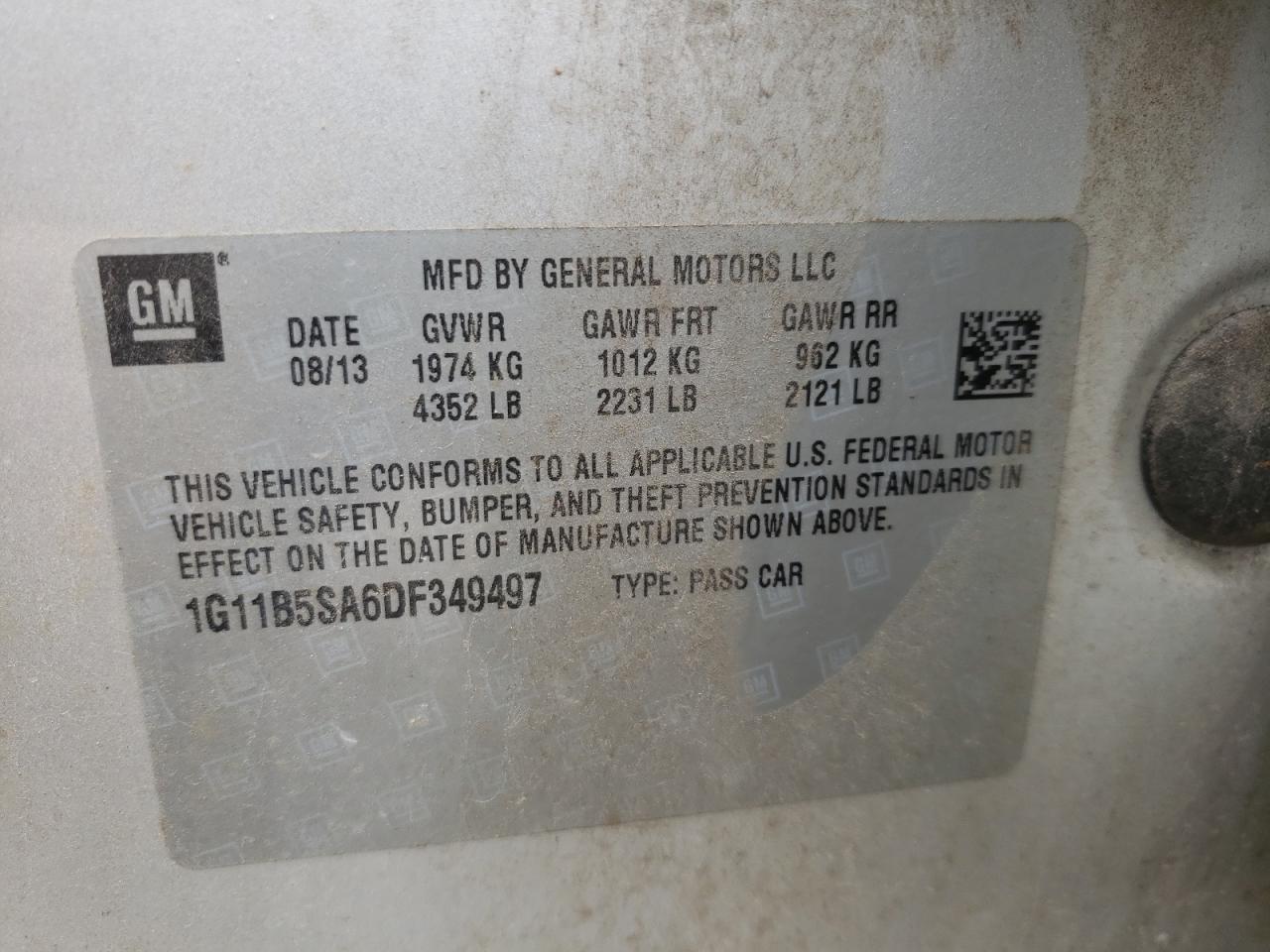 Photo 10 from auction – 2013 CHEVROLET MALIBU LS with VIN 1G11B5SA6DF349497