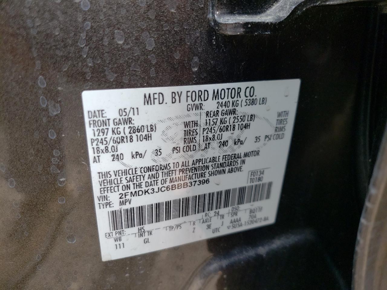 Photo 10 from auction – 2011 FORD EDGE SEL with VIN 2FMDK3JC6BBB37396