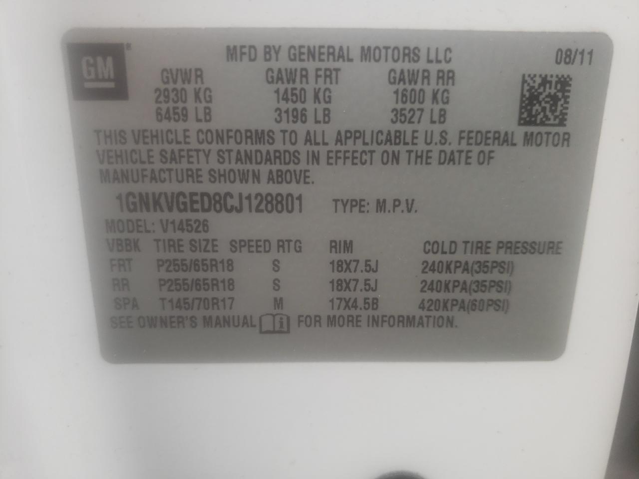 Photo 10 from auction – 2012 CHEVROLET TRAVERSE L with VIN 1GNKVGED8CJ128801