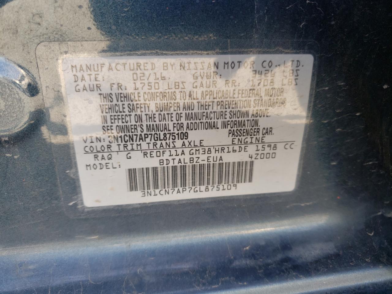 Photo 20 from auction – 2016 NISSAN VERSA S with VIN 3N1CN7AP7GL875109
