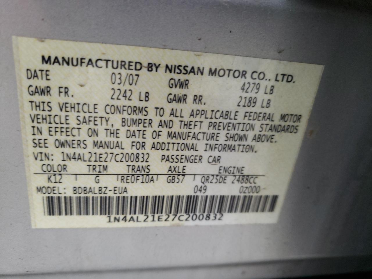 Photo 10 from auction – 2007 NISSAN ALTIMA 2.5 with VIN 1N4AL21E27C200832
