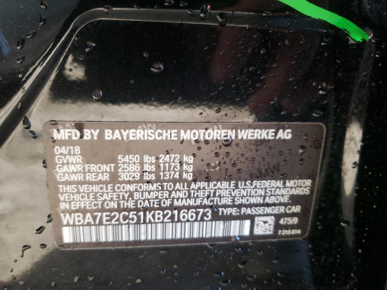 Photo 10 from auction – 2019 BMW 740 I with VIN WBA7E2C51KB216673
